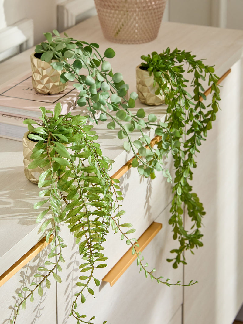 Green Artificial Trailing Plants In Mini Gold Hex Pots