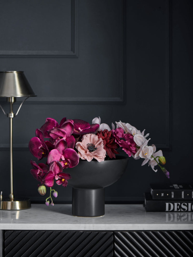 Purple artificial orchid in black contemporary vase 50cm, imported from the UK
