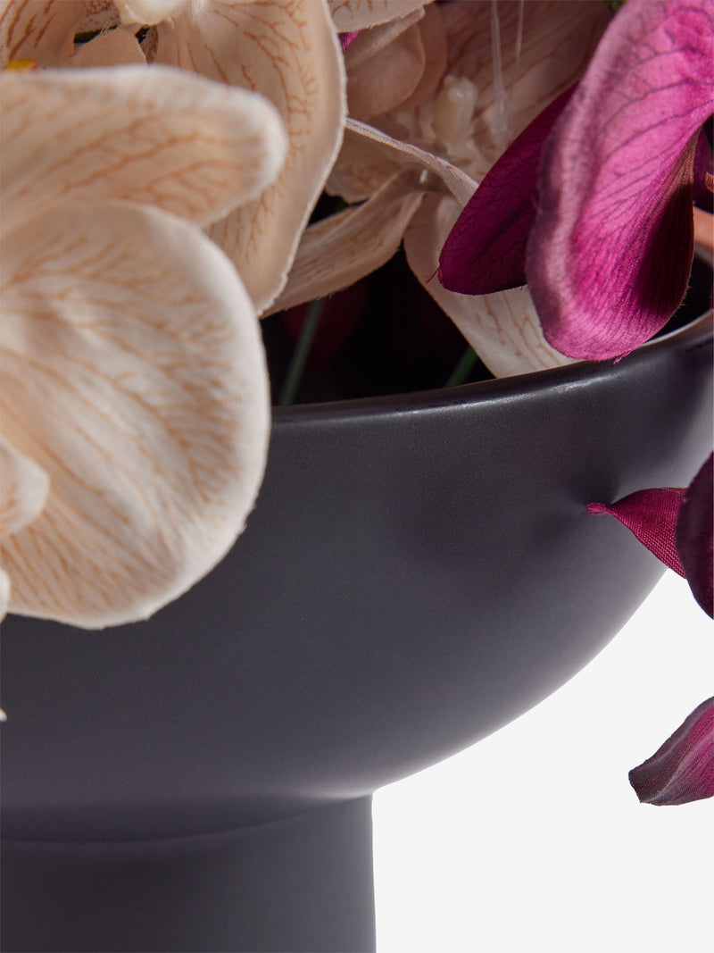 Purple artificial orchid in black contemporary vase 50cm, imported from the UK