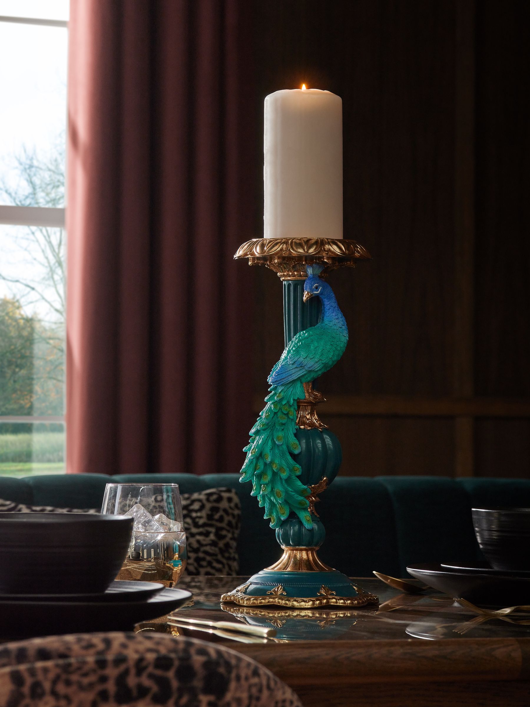 Teal Blue Benedict Peacock Pillar Candle Holder 36cm Height (British brand)