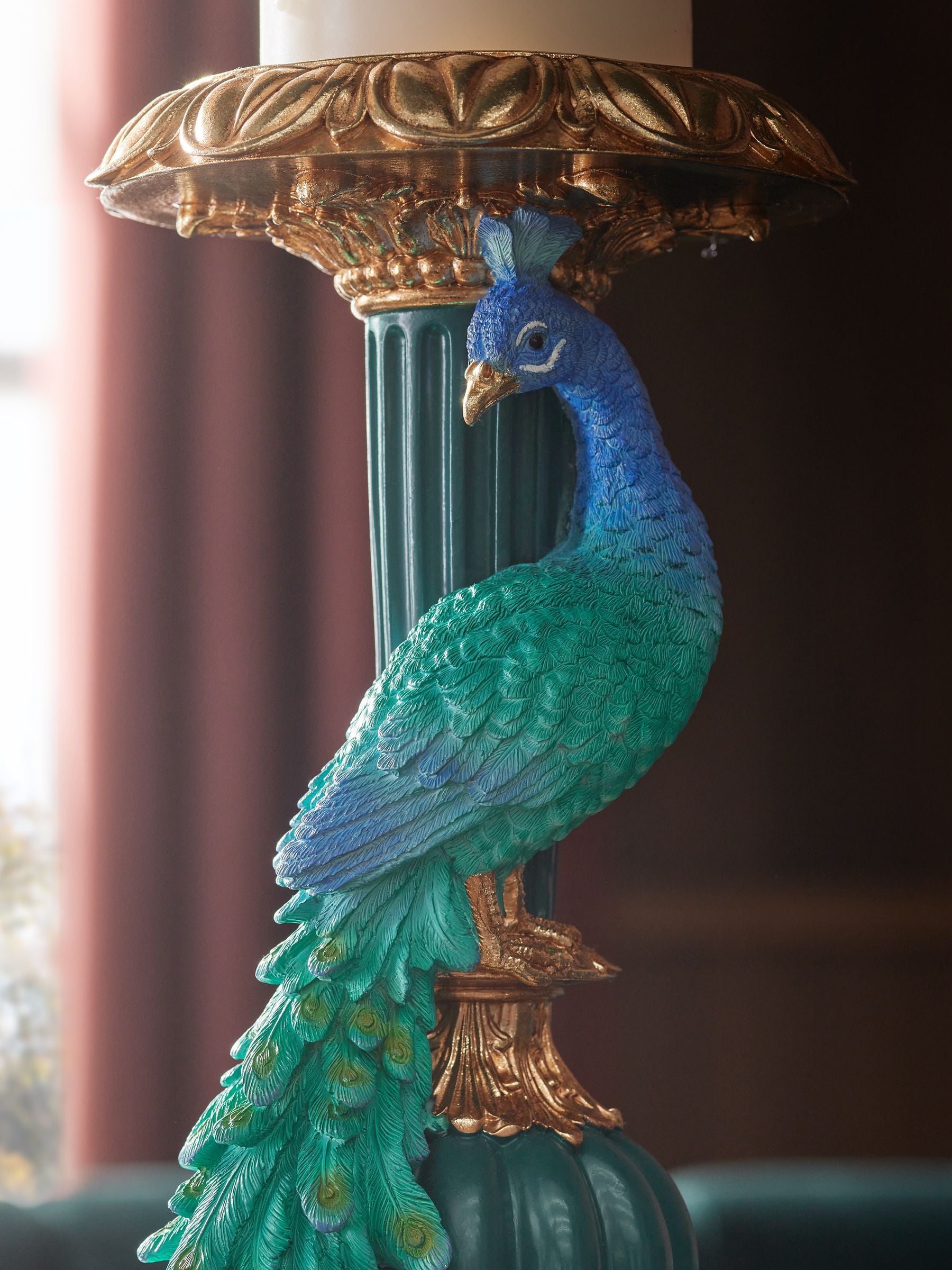 Teal Blue Benedict Peacock Pillar Candle Holder 36cm Height (British brand)