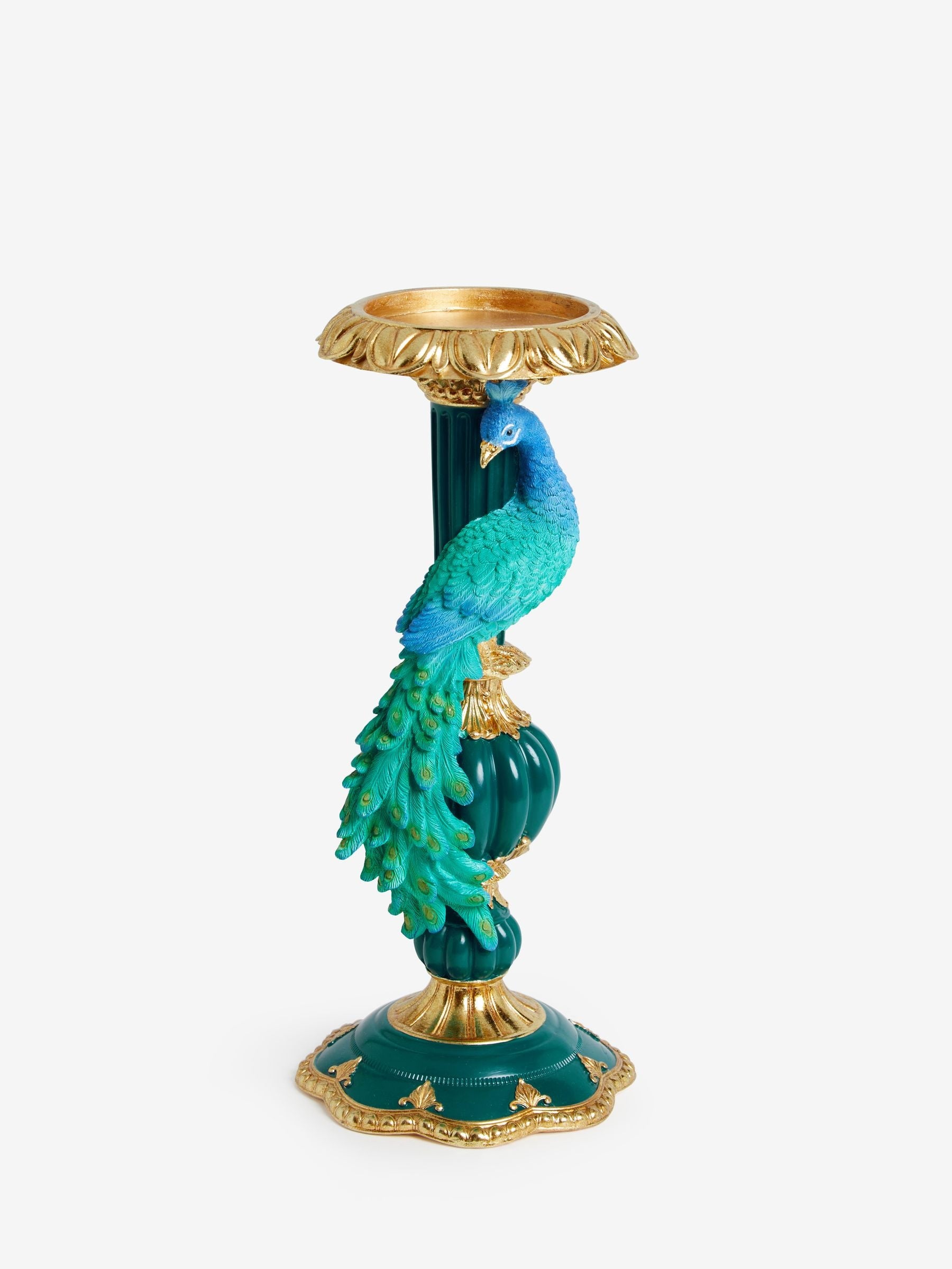 Teal Blue Benedict Peacock Pillar Candle Holder 36cm Height (British brand)