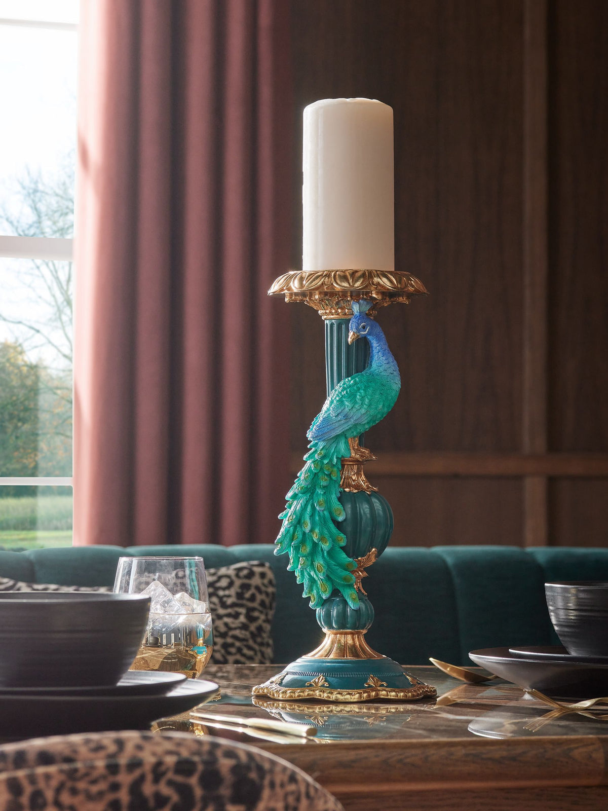 Teal Blue Benedict Peacock Pillar Candle Holder 36cm Height (British brand)