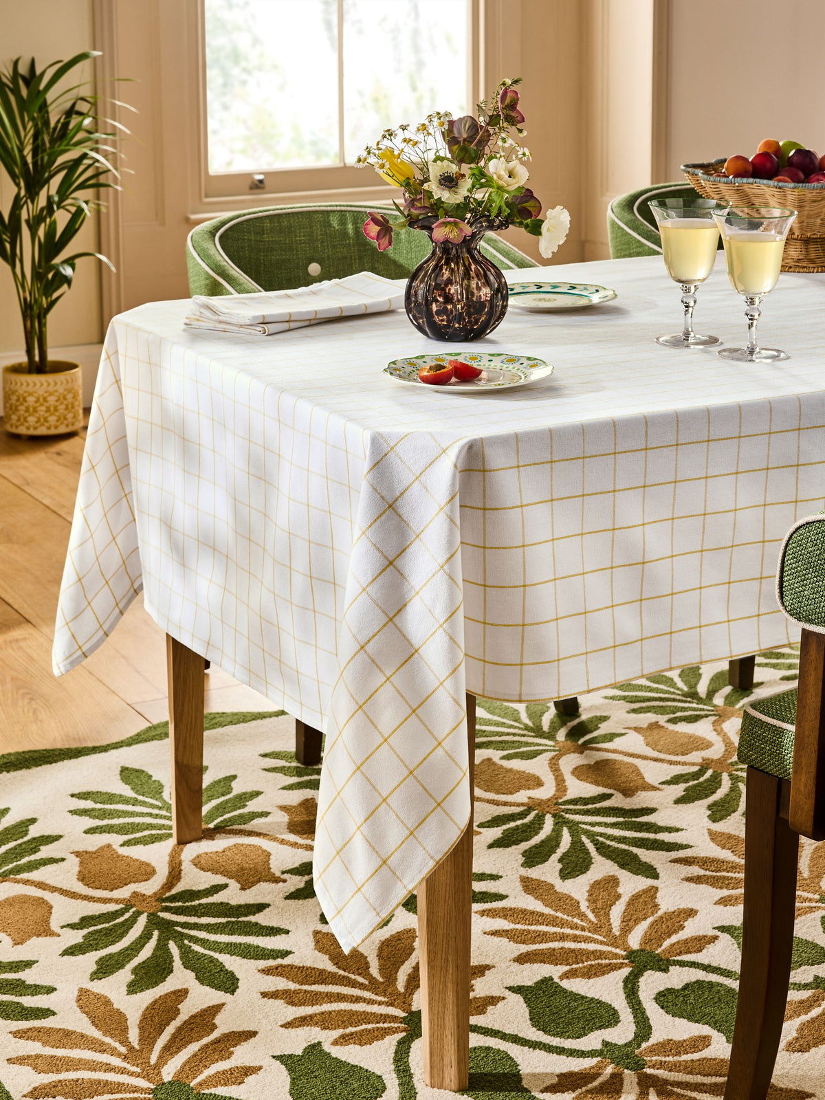 Nina Campbell ochre yellow table cloth, imported from the UK