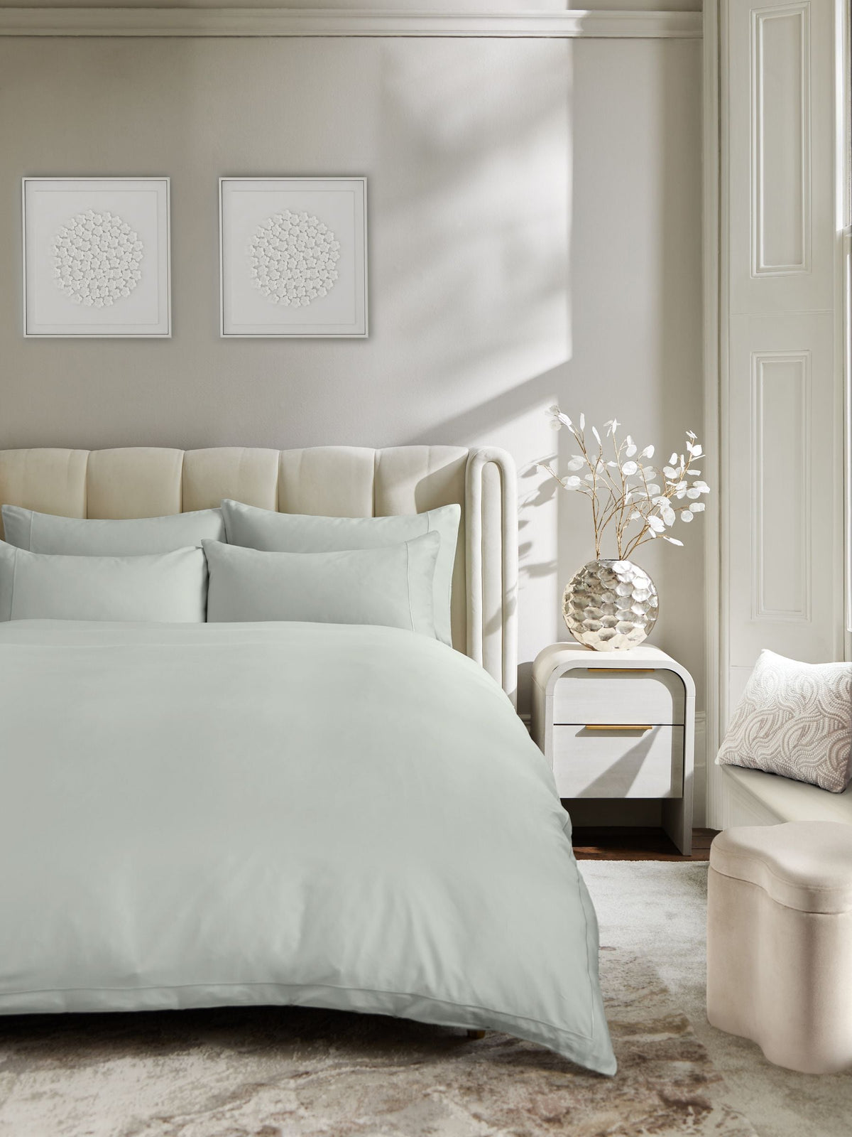 Pale sage green duvet cover and pillowcase set, imported from the UK