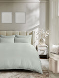 Pale sage green duvet cover and pillowcase set, imported from the UK
