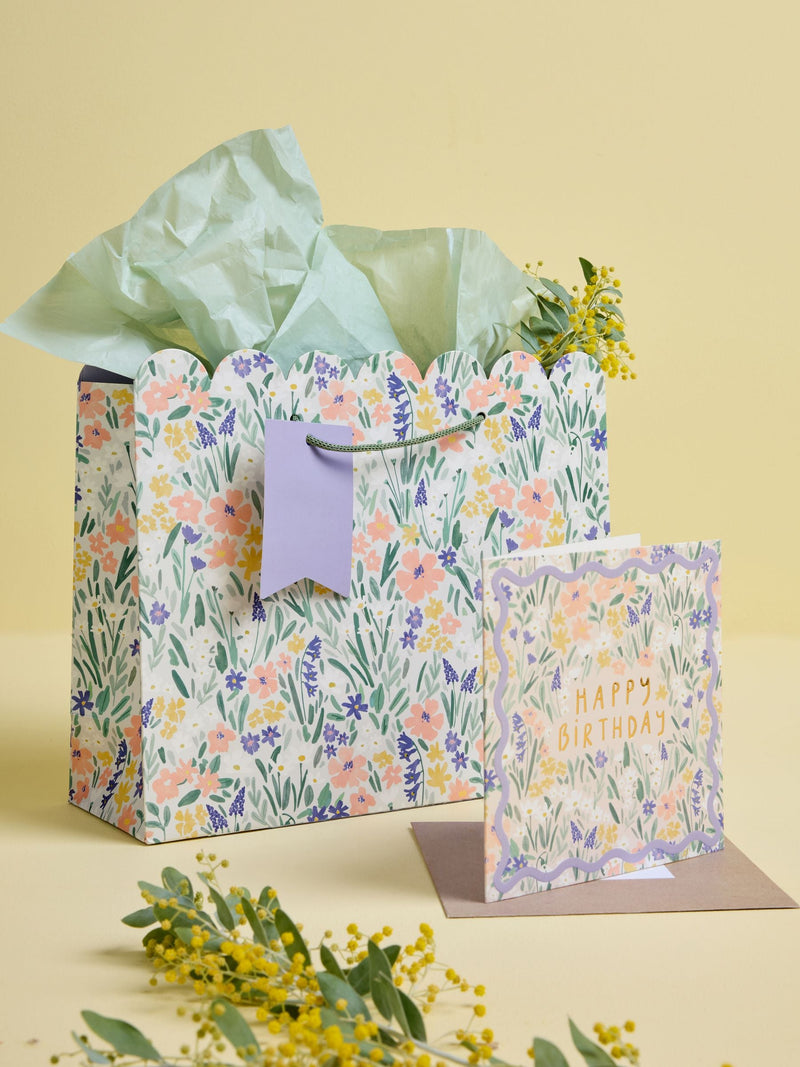 Blue Medium Floral Print Gift Bag and Card Set