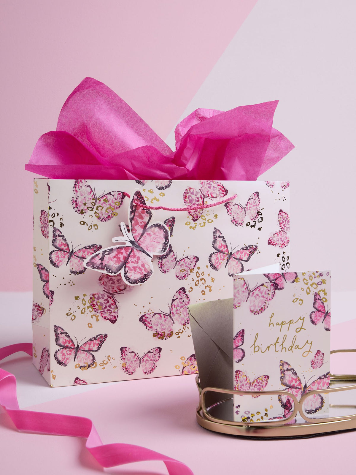 Pink Large Butterfly Gift Bag and Card Set, imported from the UK