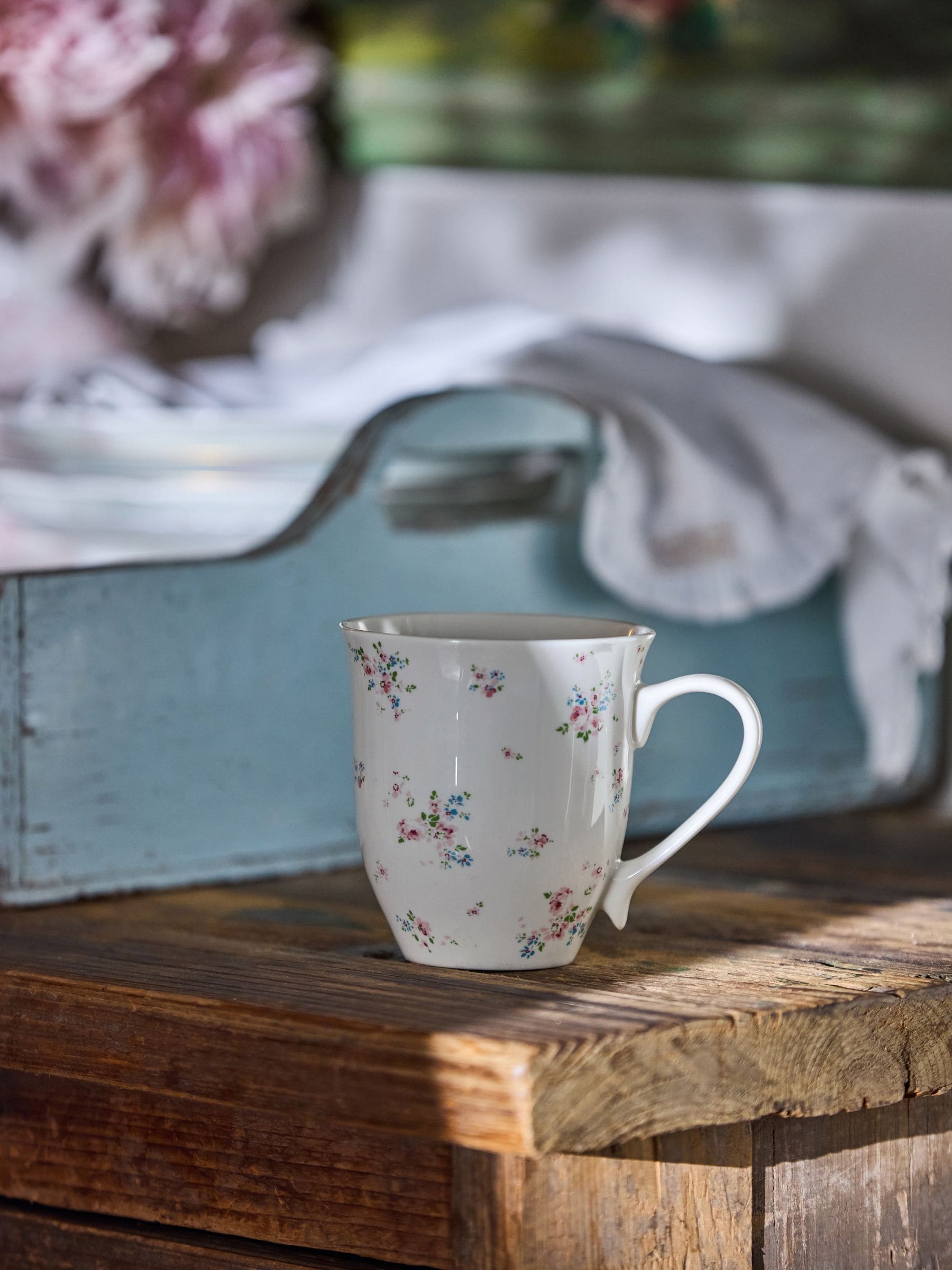 Ceramic Mug with Pink Floral Print and Ruffle Top