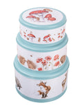 Set of Three Blue Nesting Cake Tins with Woodland Illustrations and Teal Edging
