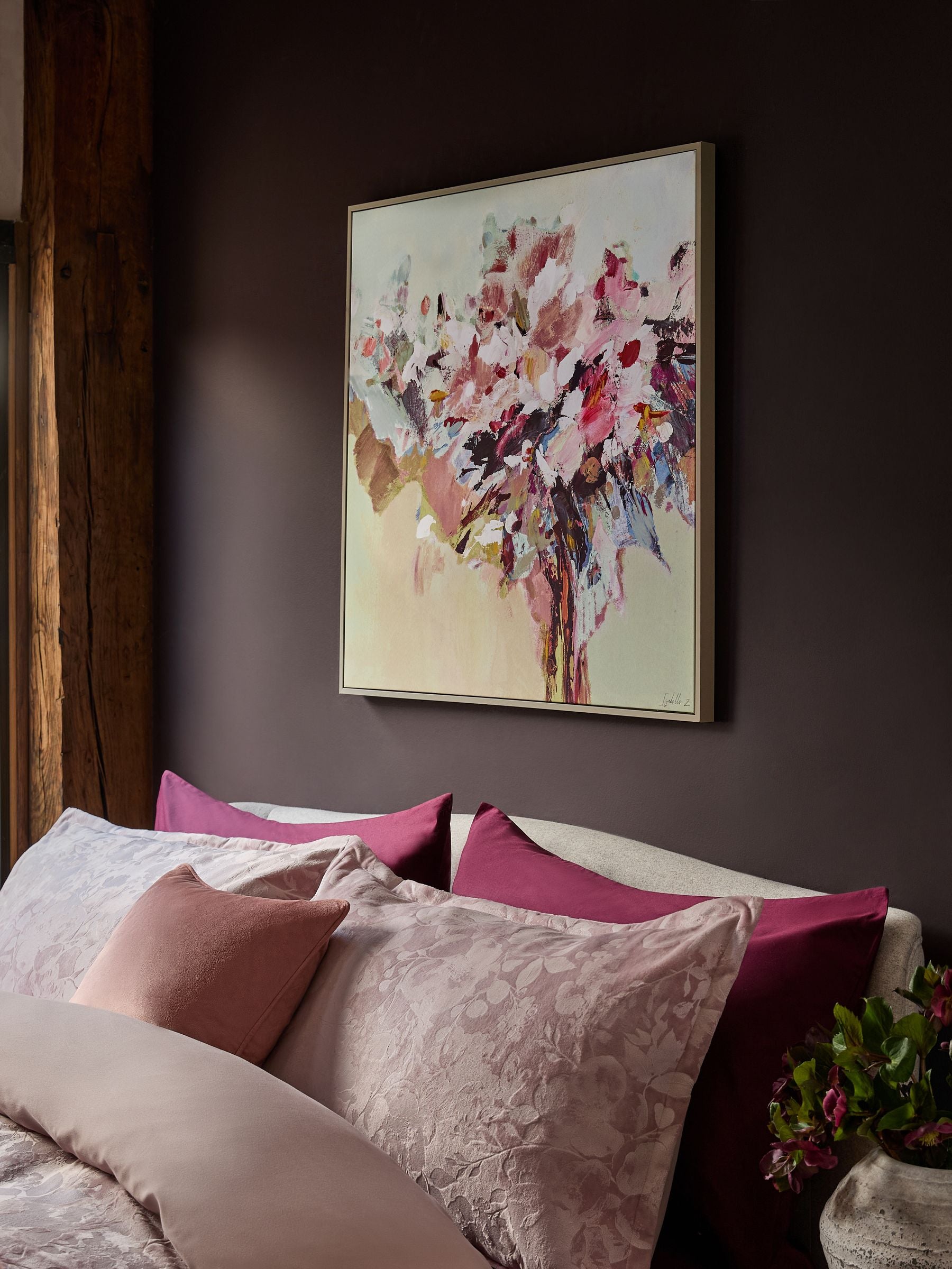 Pink abstract floral wall art in grey frame, imported from the UK