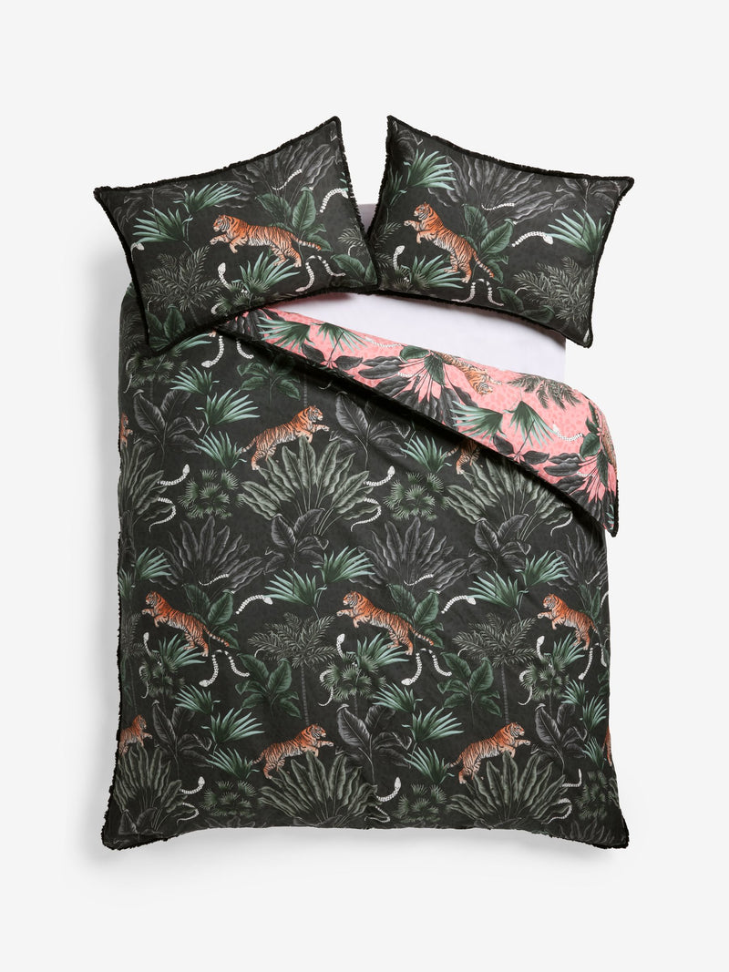 Black/Pink Fringed Tiger Duvet Cover and Pillowcase Set - British product