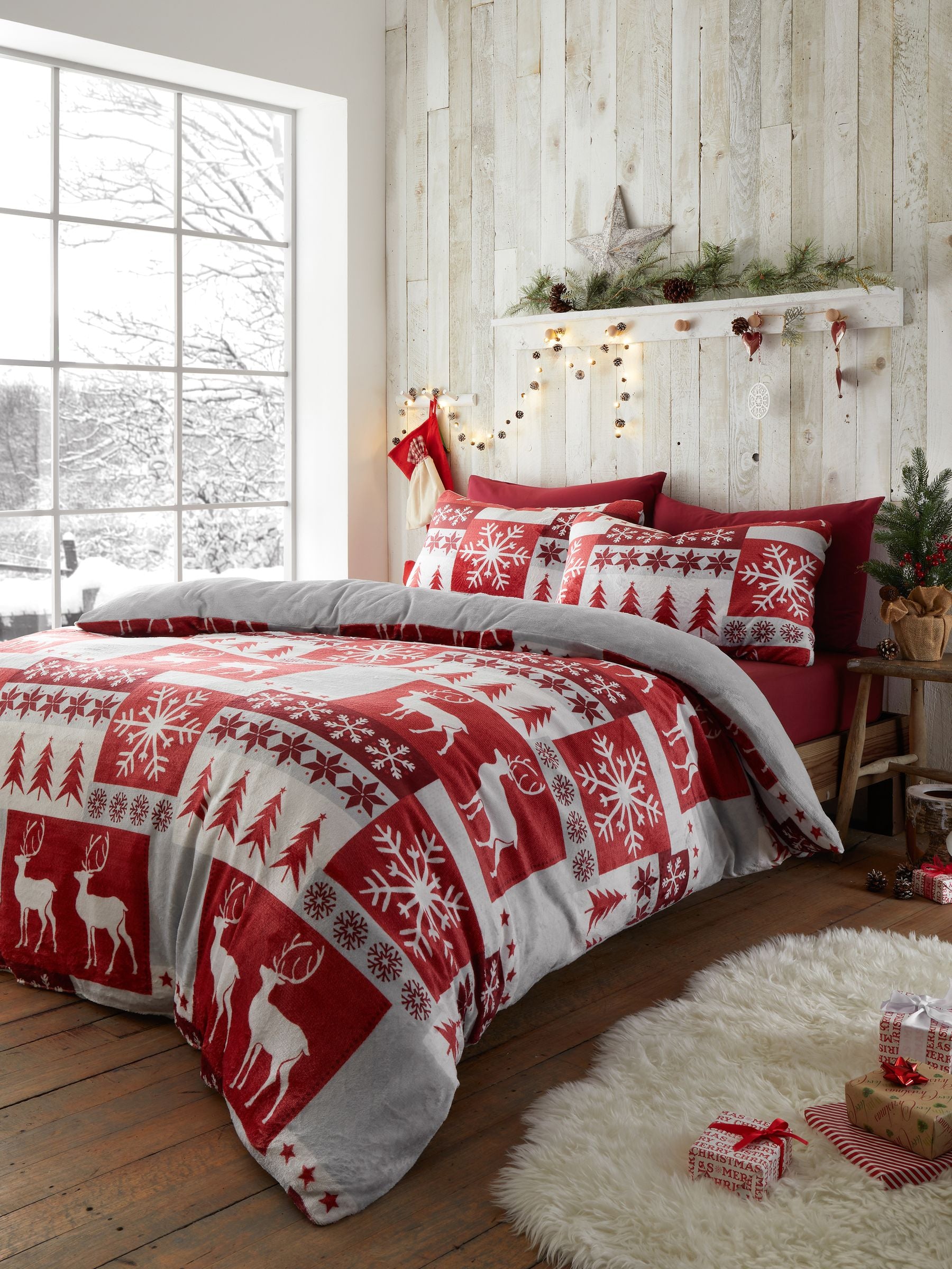 Red Fairisle Patchwork Plush Christmas Duvet Cover Set - British product