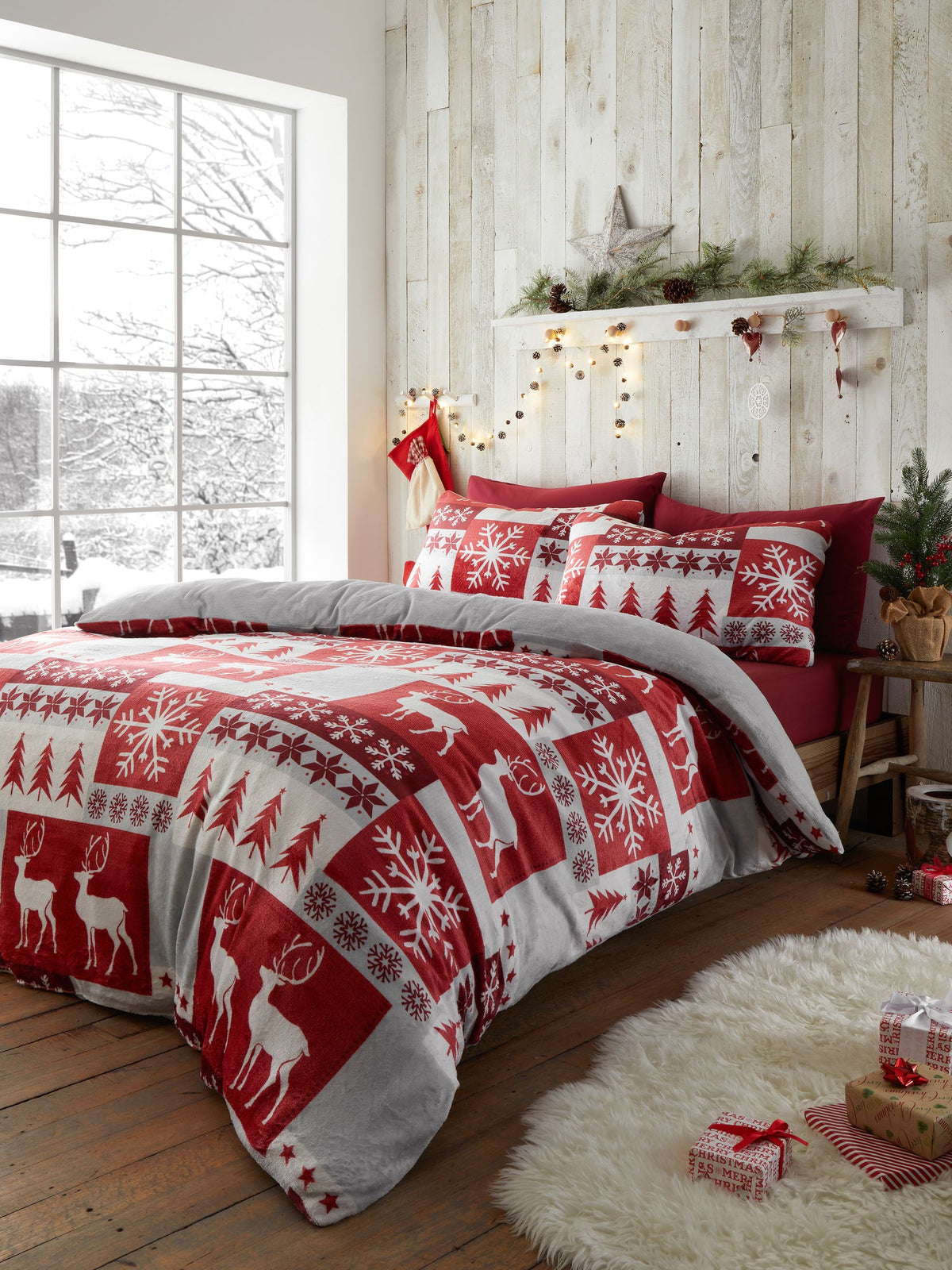 Red Fairisle Patchwork Plush Christmas Duvet Cover Set - British product