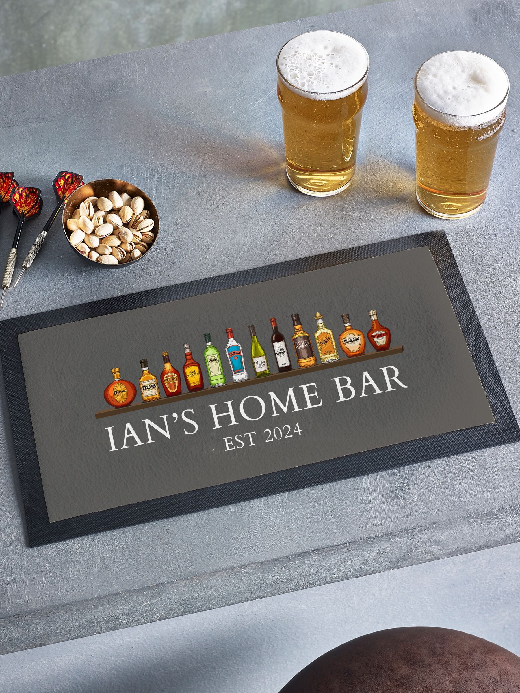 Loveabode Personalised Spirit Bar Mat 44cm x 25cm, imported from the UK