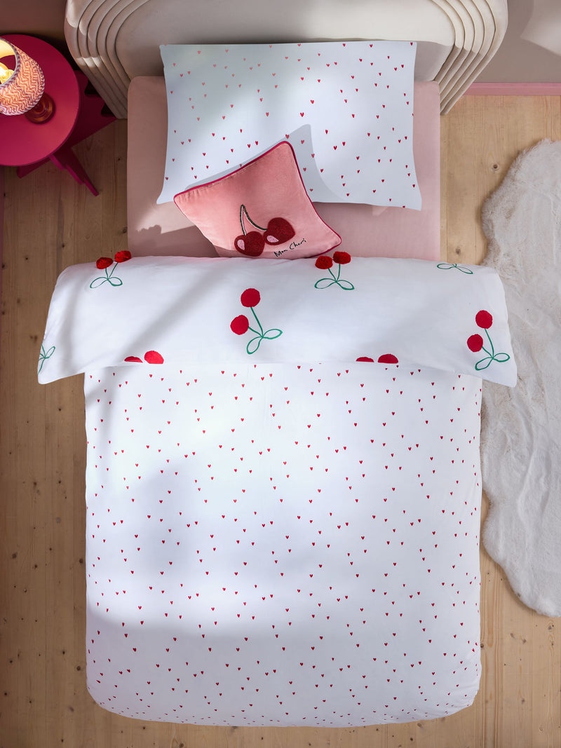 Red Cherry Poms printed polycotton duvet cover and pillowcase set, imported from the UK