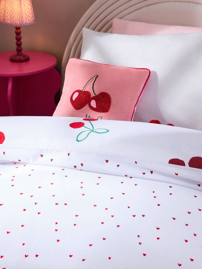 Red Cherry Poms printed polycotton duvet cover and pillowcase set, imported from the UK