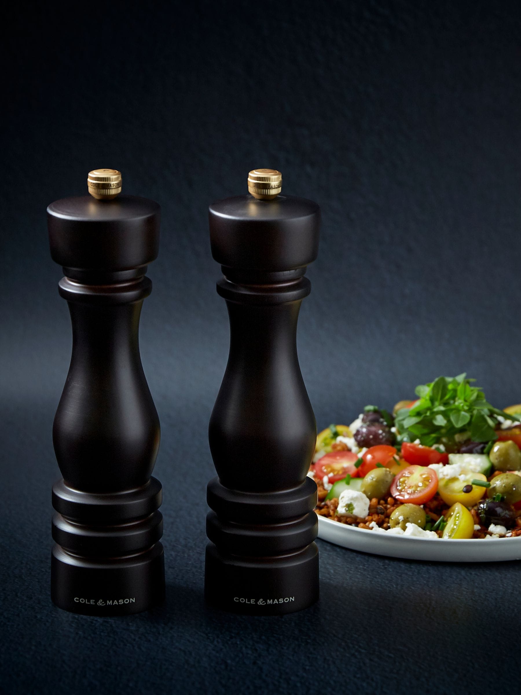 Cole & Mason chocolate brown wood London salt and pepper mills 220mm - British product