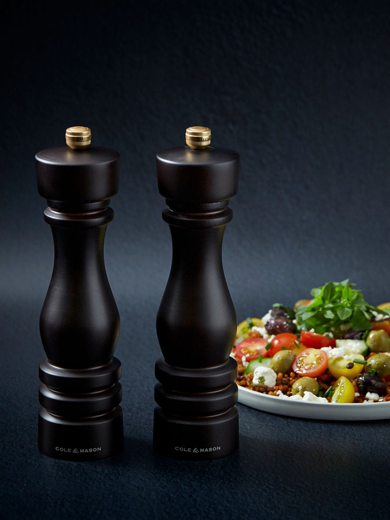 Cole & Mason chocolate brown wood London salt and pepper mills 220mm - British product