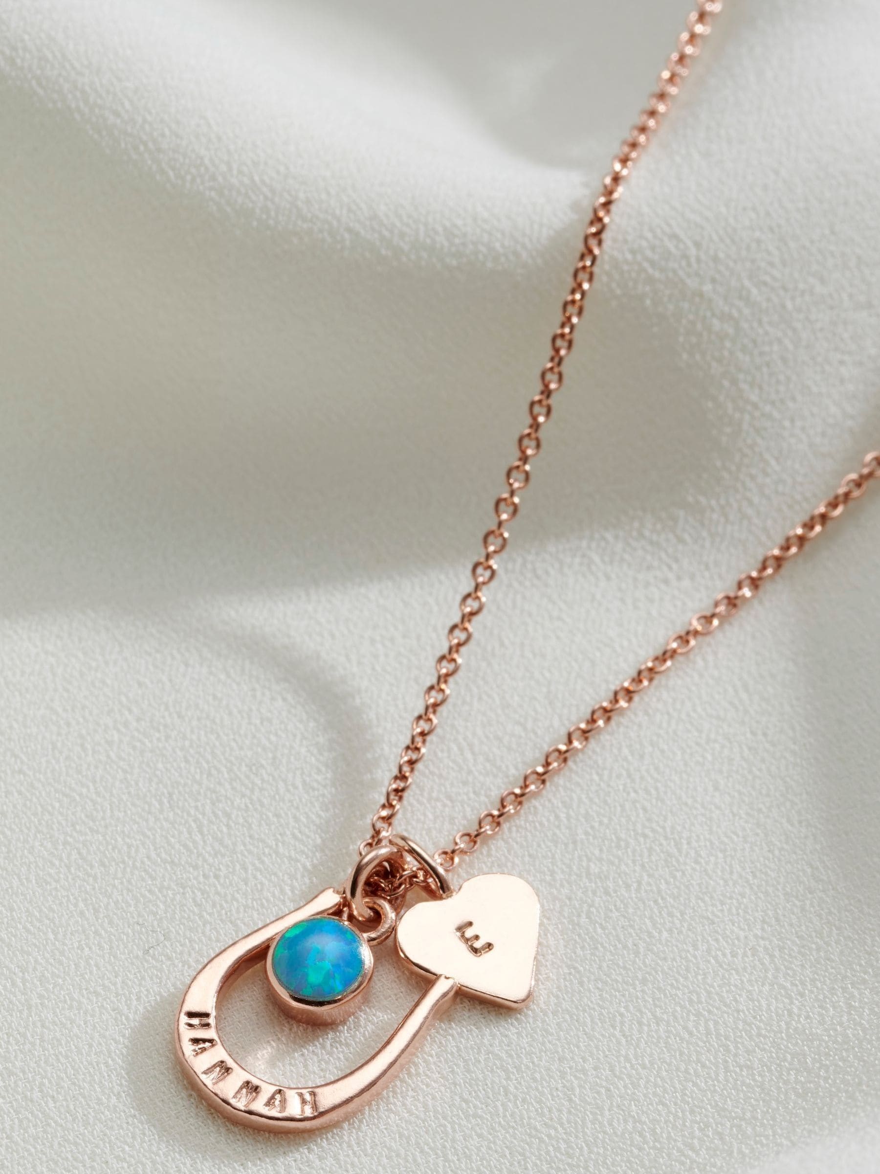 Posh Totty Designs personalised horseshoe necklace with CZ birthstone 18-inch chain, UK version
