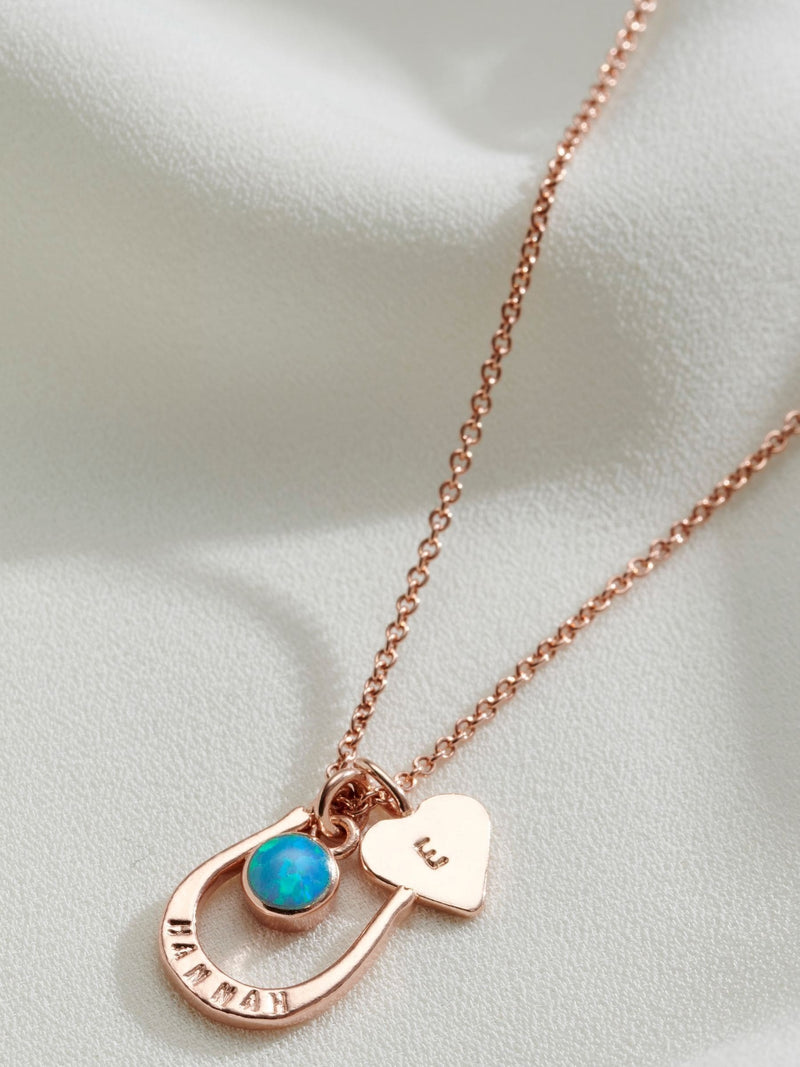 Posh Totty Designs personalised horseshoe necklace with CZ birthstone 18-inch chain, UK version