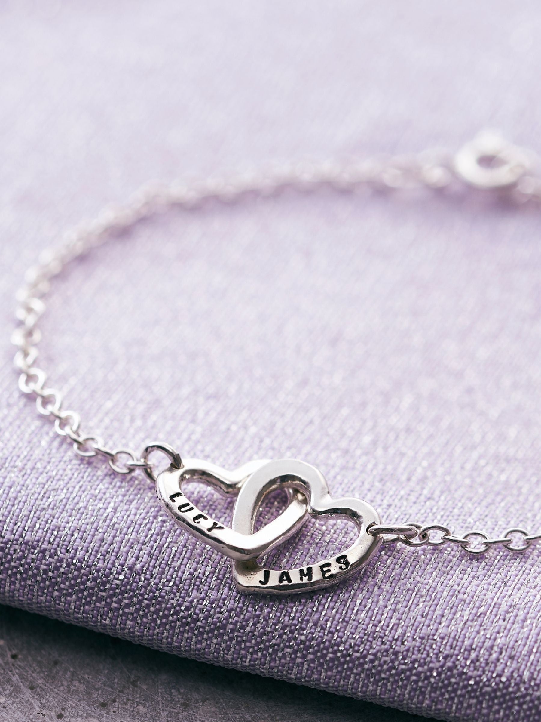 Posh Totty Designs Personalised Double Heart Names Bracelet, imported from the UK
