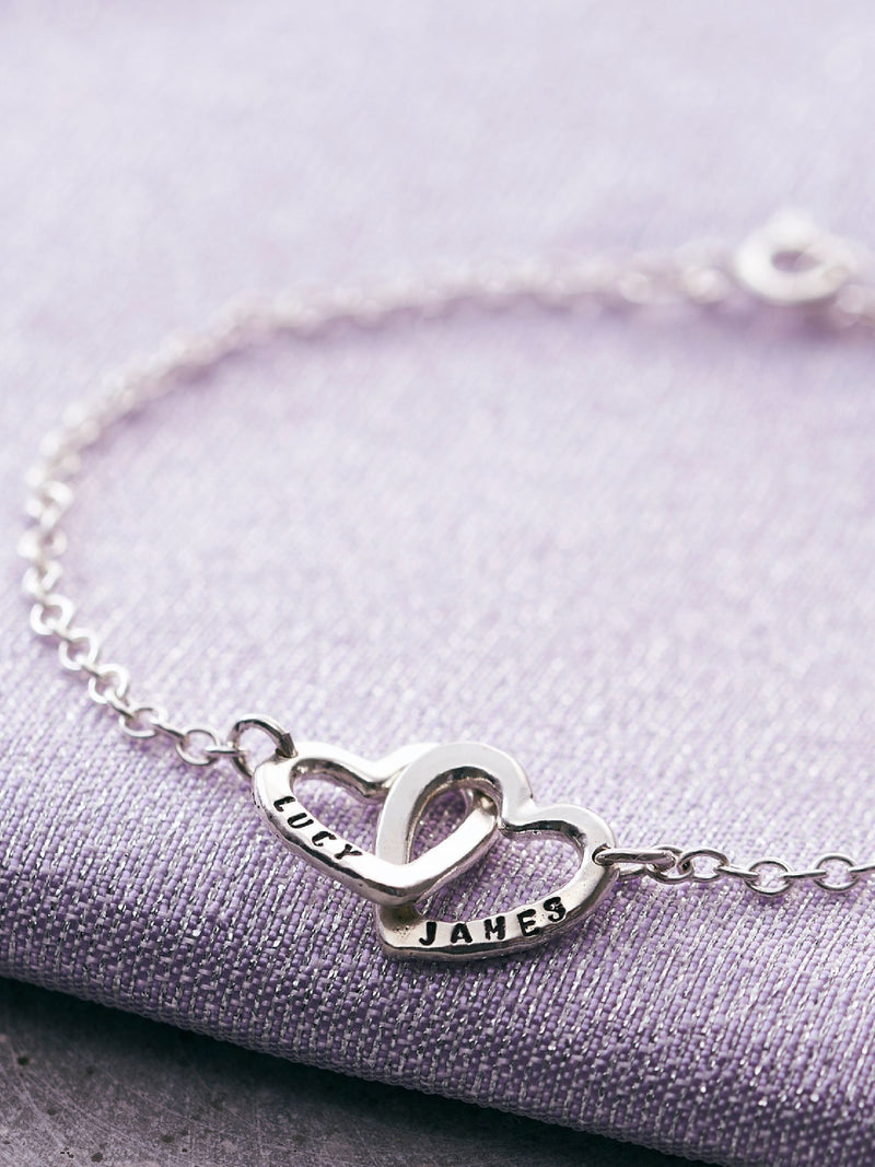 Posh Totty Designs Personalised Double Heart Names Bracelet, imported from the UK