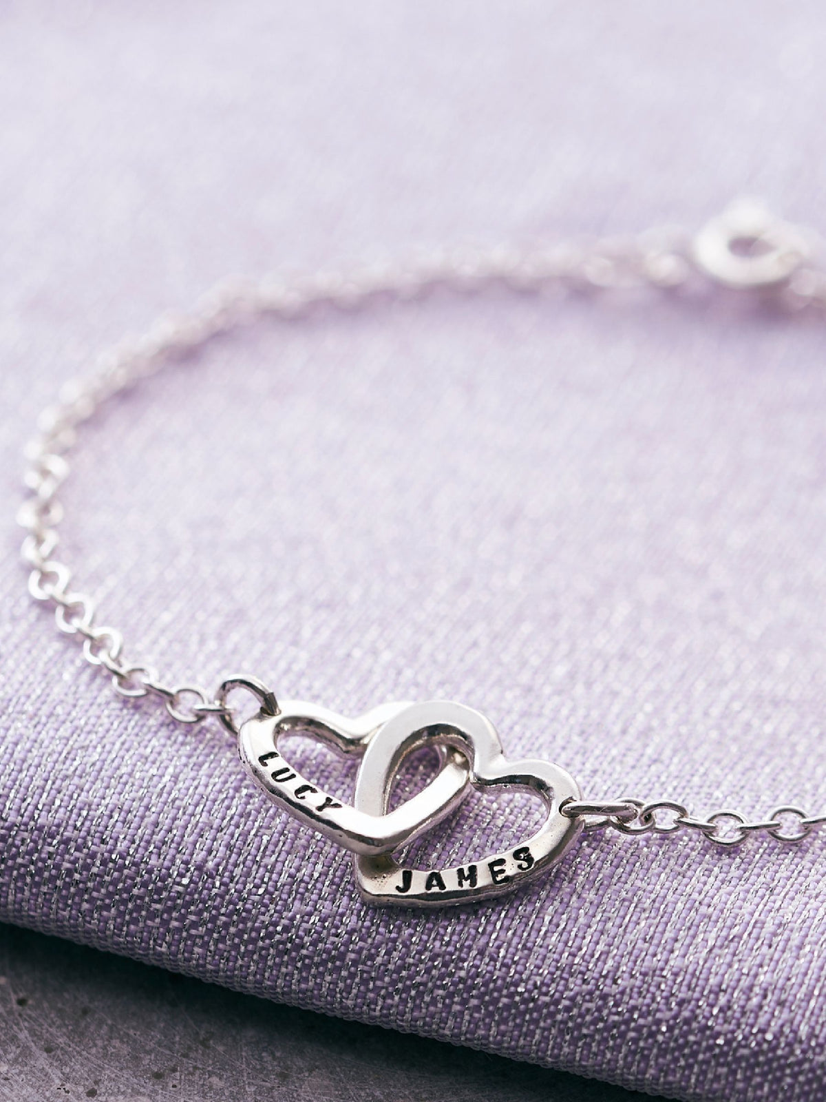 Posh Totty Designs Personalised Double Heart Names Bracelet, imported from the UK