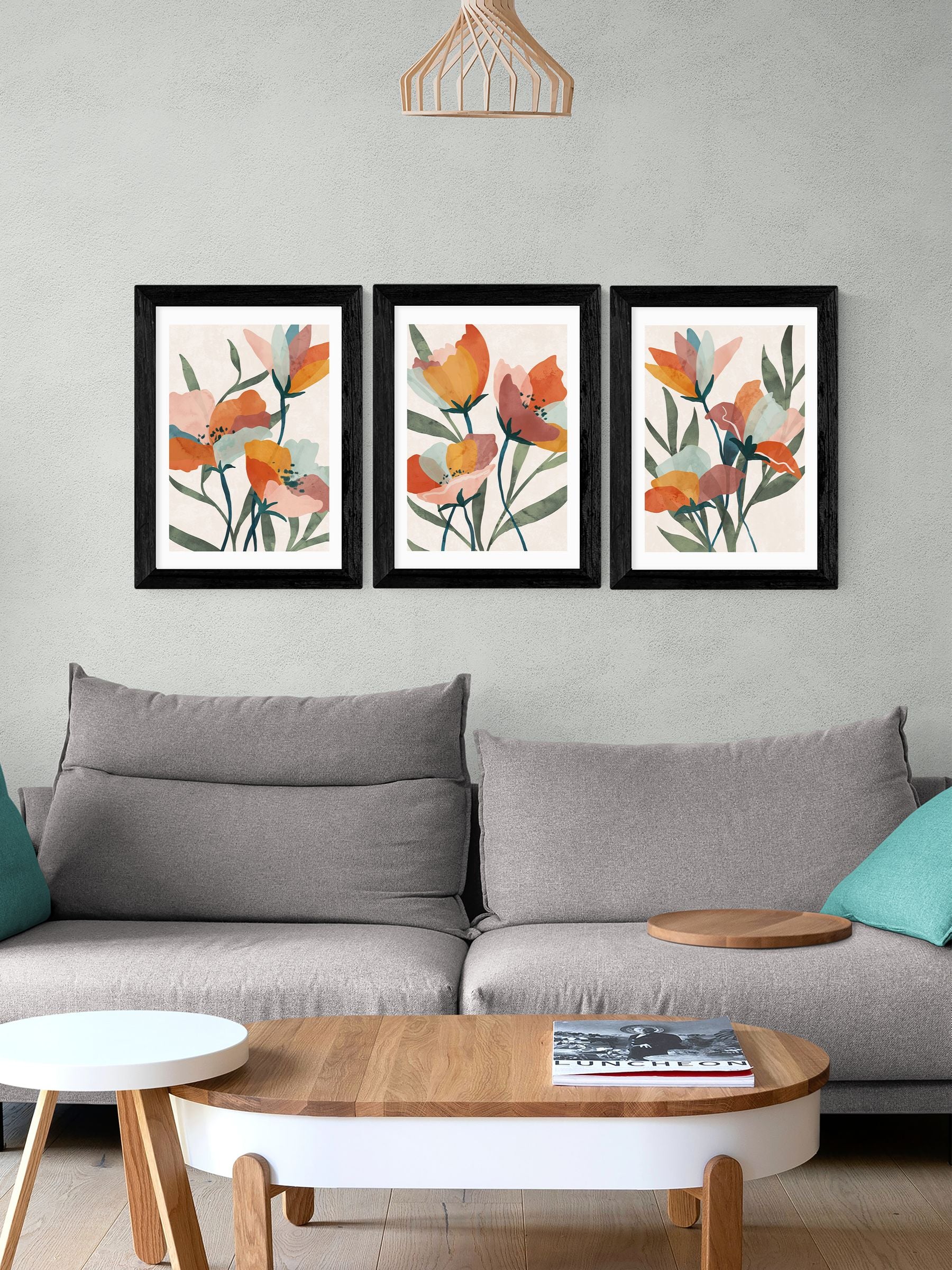 Orange and Green Floral Triptych Framed Art Print Set