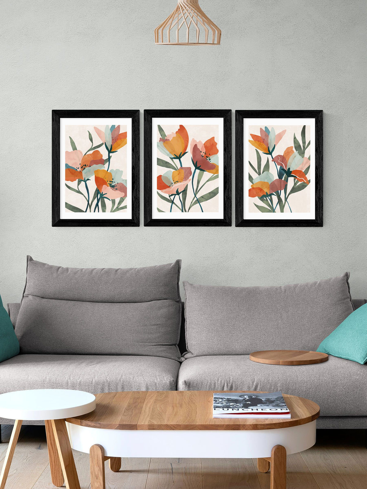 Orange and Green Floral Triptych Framed Art Print Set