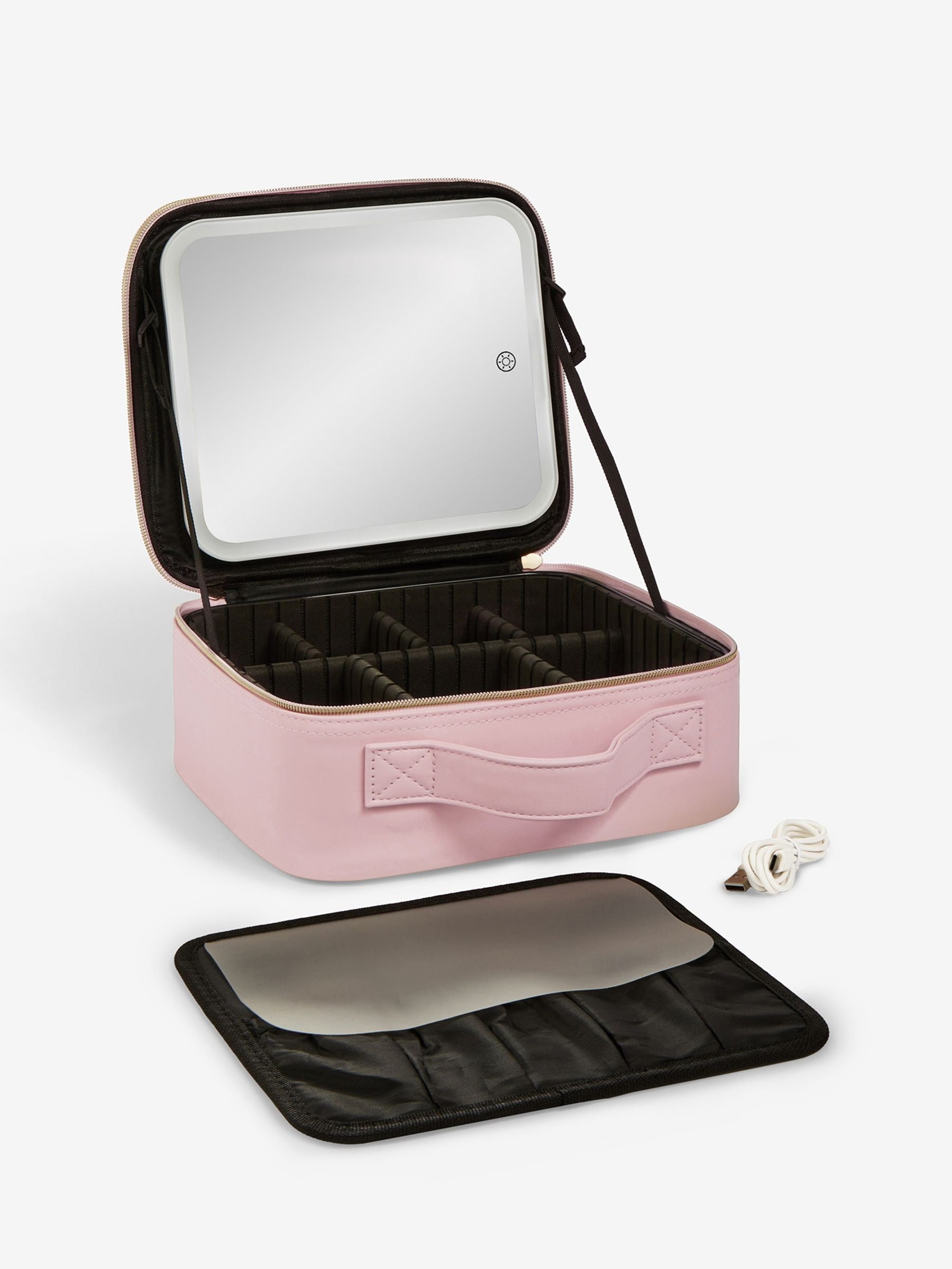 Makeup bag with removable LED mirror and adjustable dividers, UK version