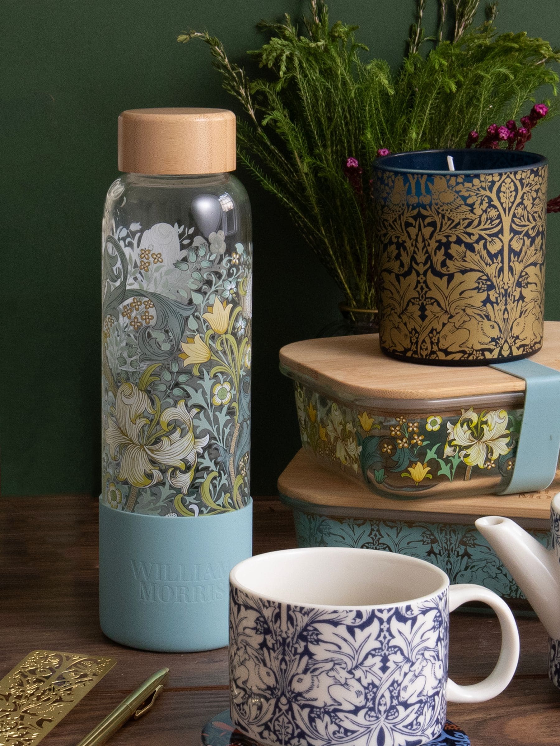 William Morris Blue Golden Lily glass water bottle 600ml (British brand)
