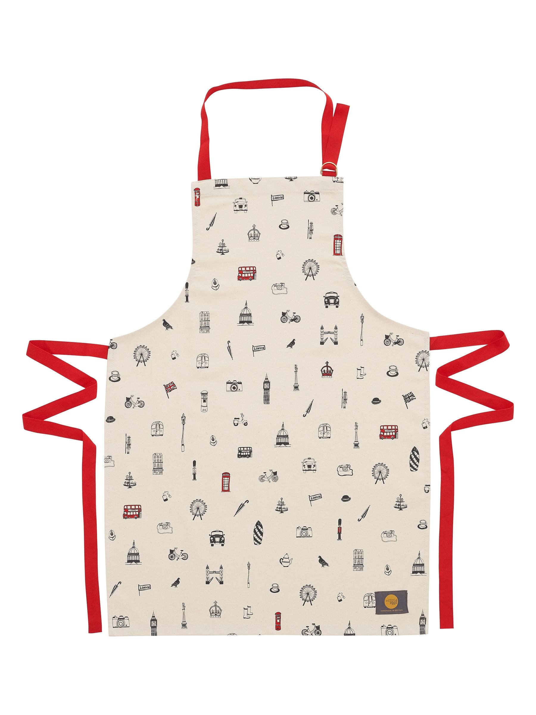 Victoria Eggs Red and Charcoal Simply London apron (British brand)