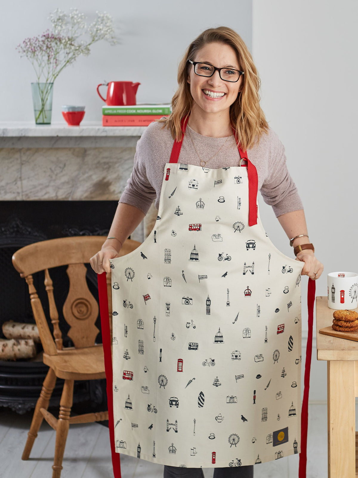 Victoria Eggs Red and Charcoal Simply London apron (British brand)