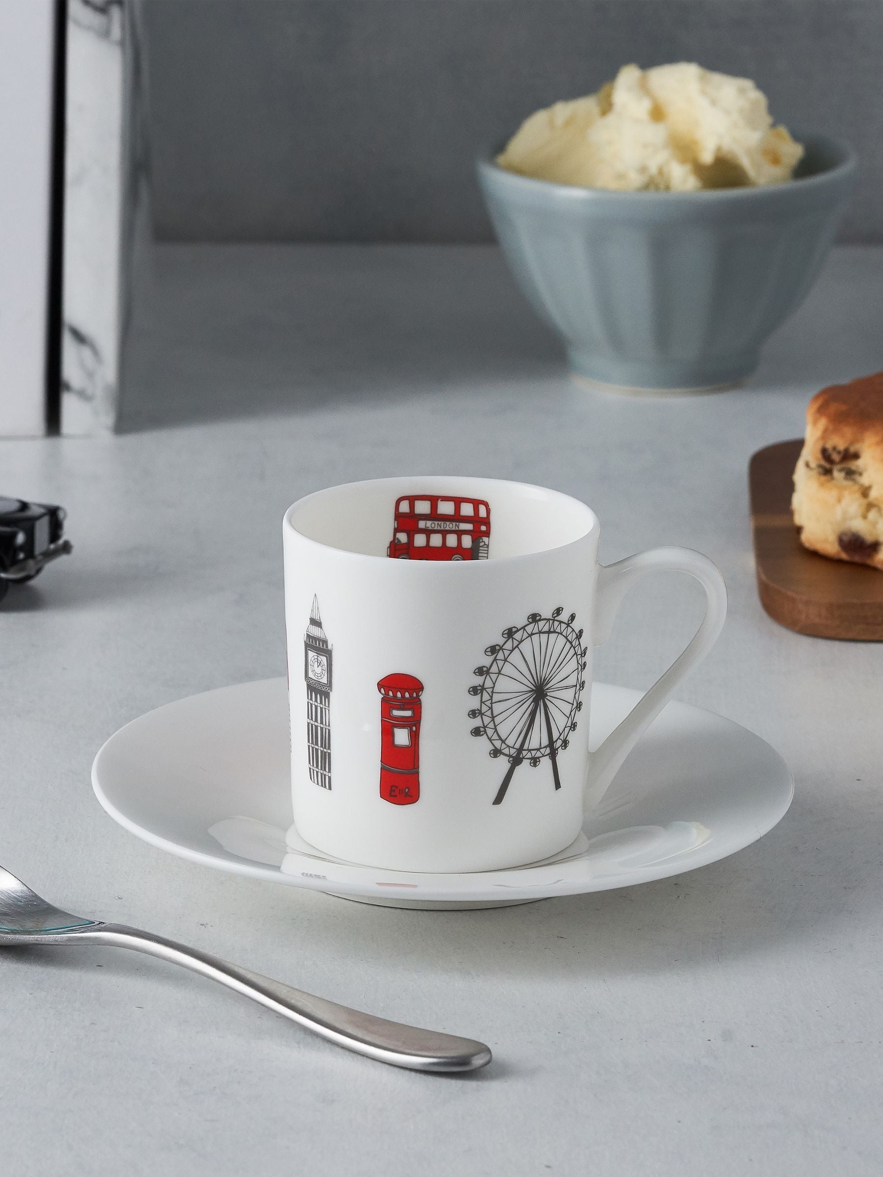 Victoria Eggs Red and Charcoal London Skyline Set of 2 Espresso Cup & Saucers