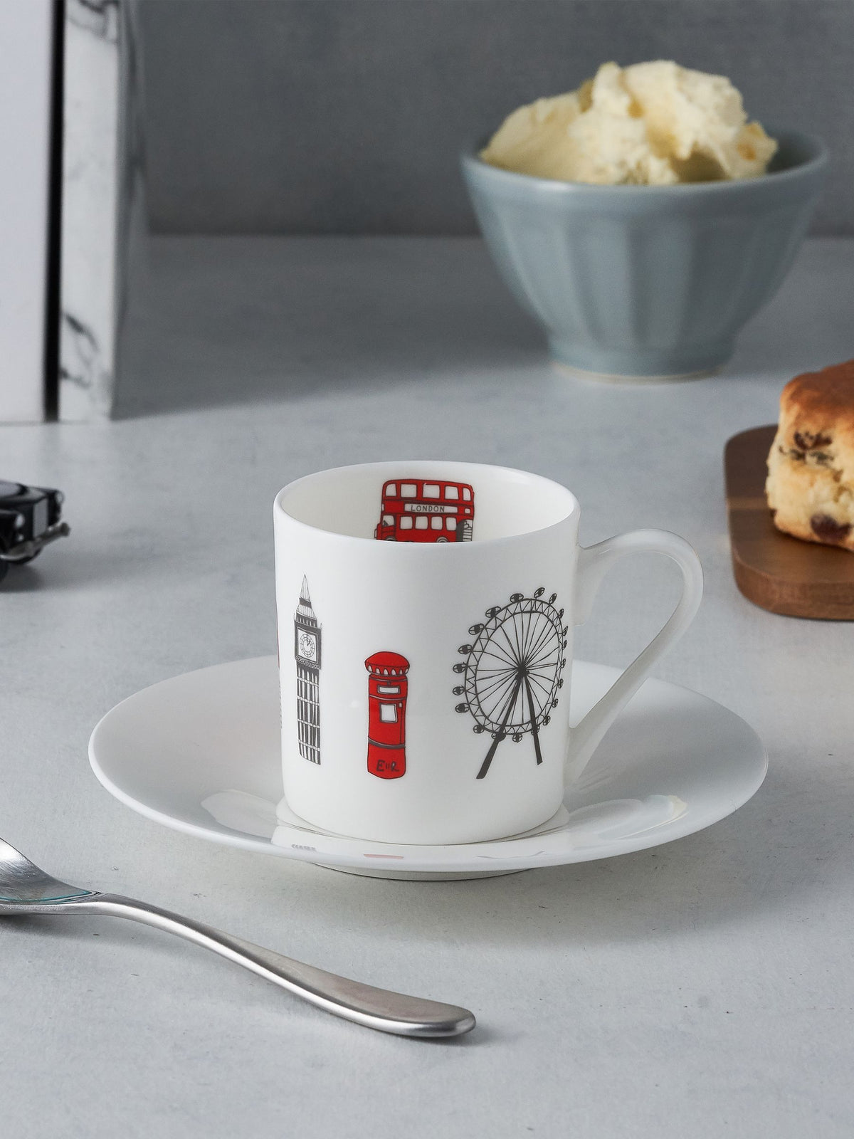 Victoria Eggs Red and Charcoal London Skyline Set of 2 Espresso Cup & Saucers