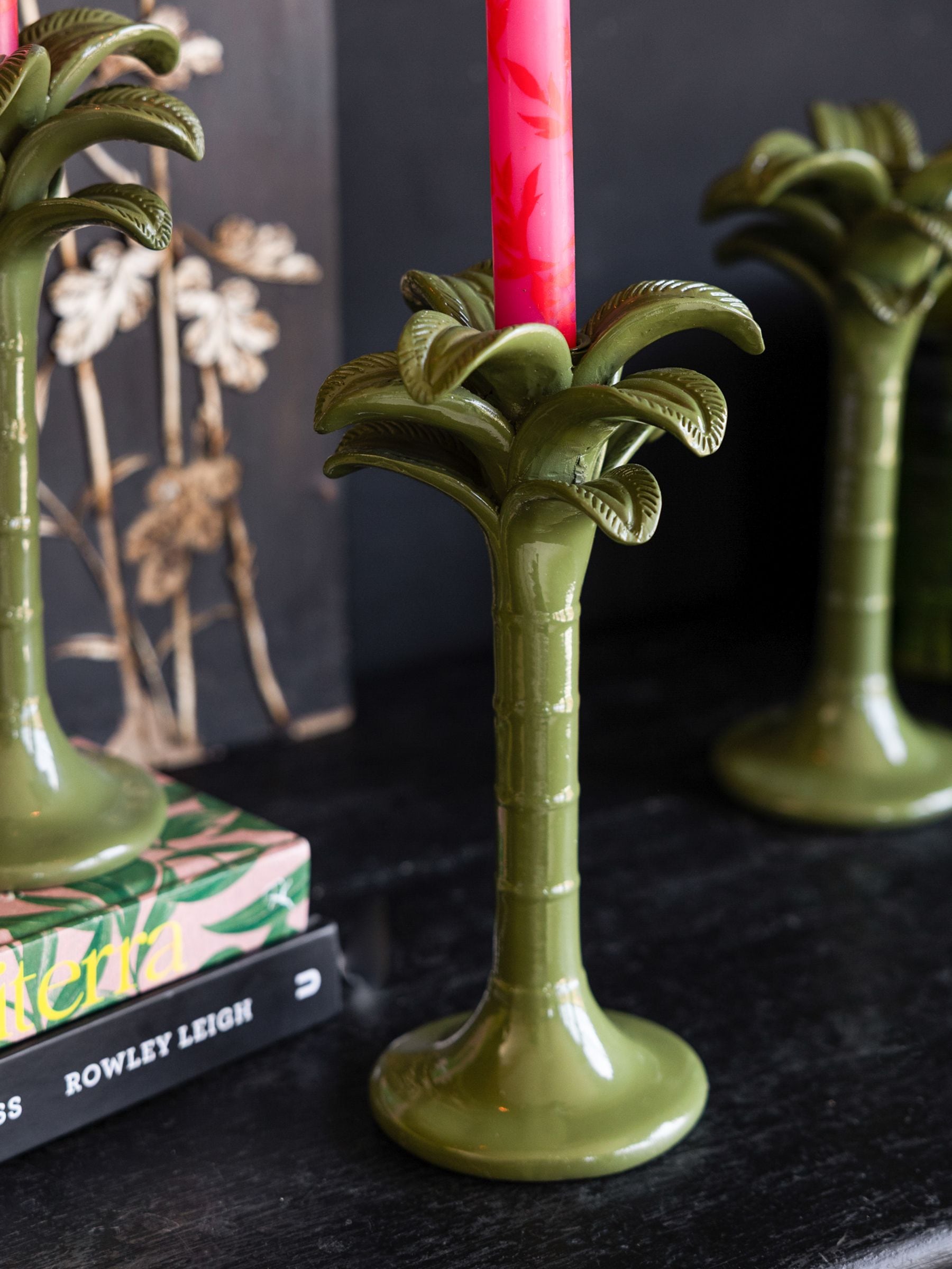Rockett St George green palm tree taper candle holder 25cm height, imported from the UK
