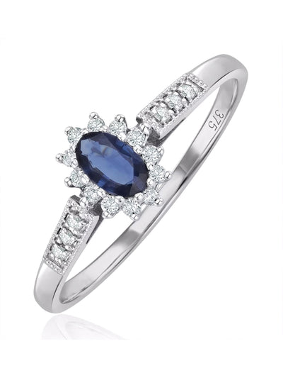 The Diamond Store Blue Sapphire Ring with Lab Diamonds in Sterling Silver