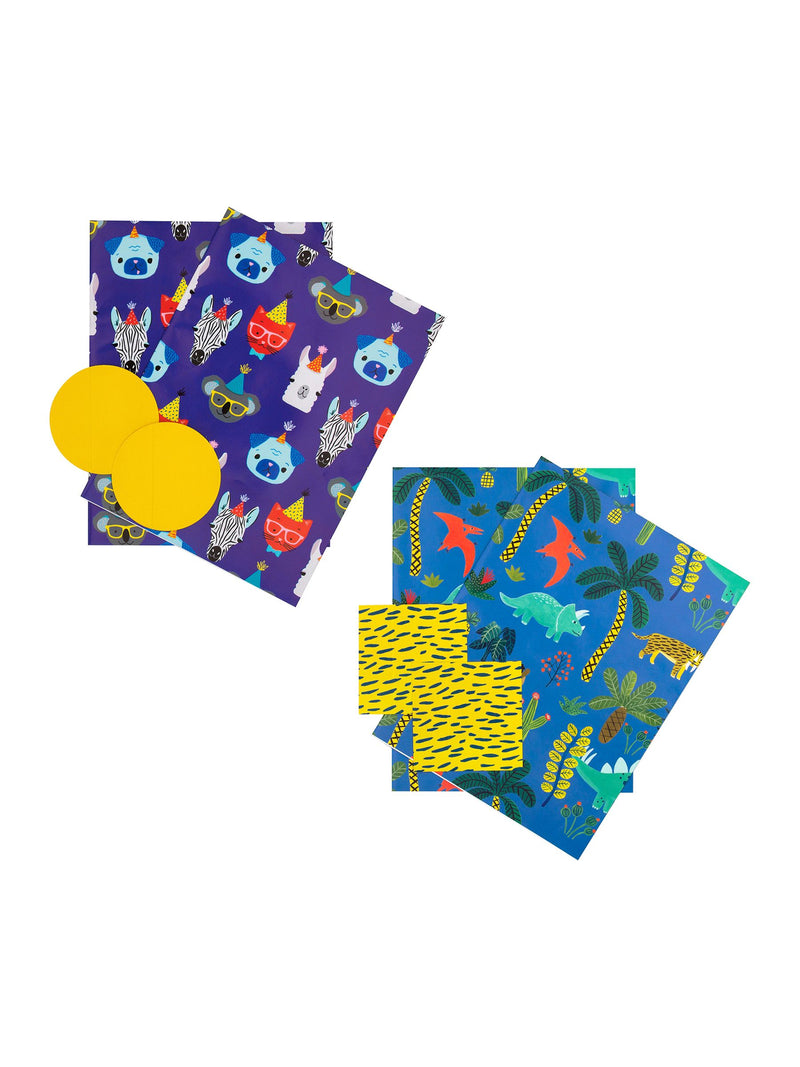 Hallmark animal and dinosaur print gift wrap and tag pack with 4 sheets and 4 tags, UK version