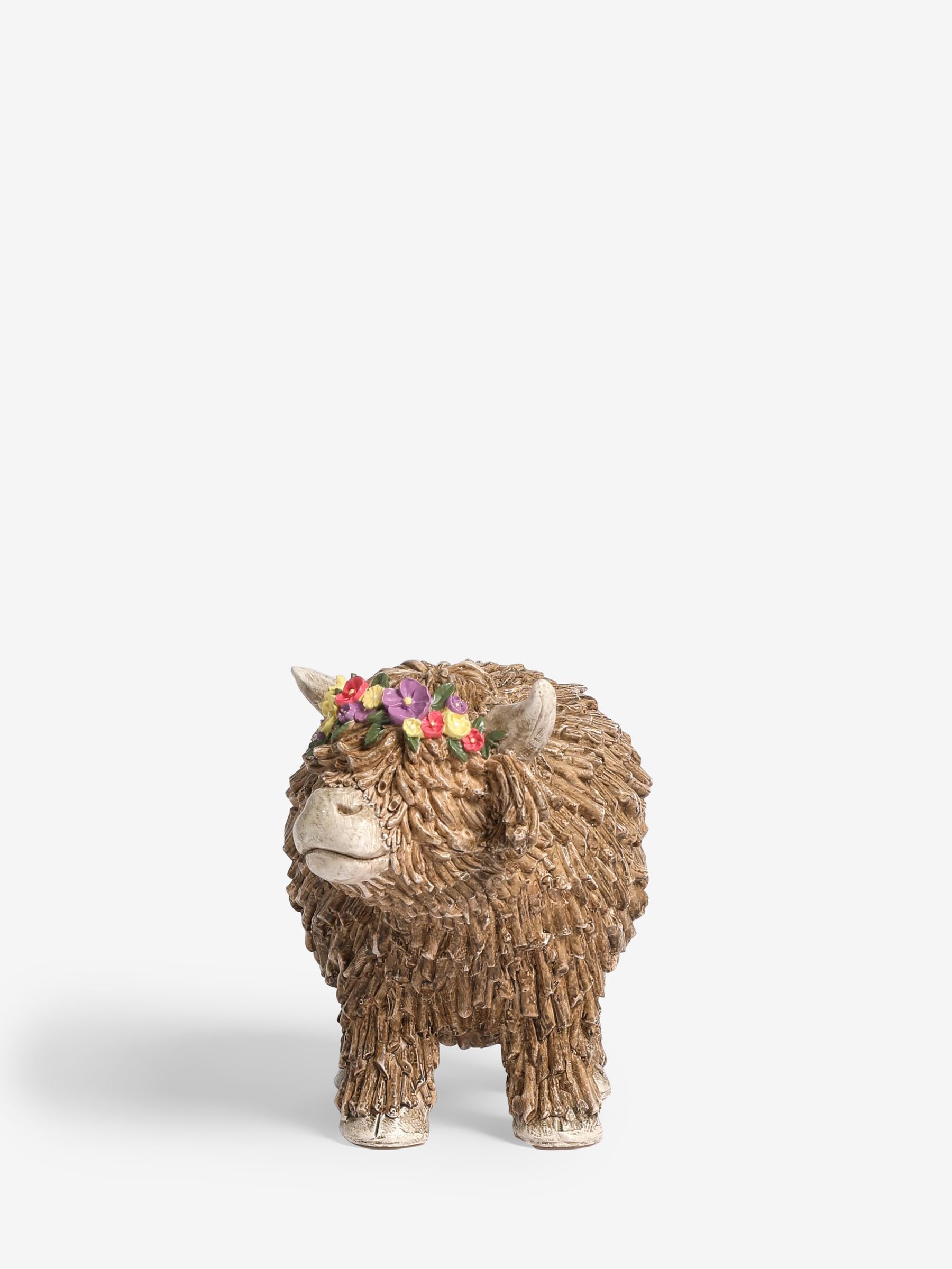Hamish Highland cow ornament with floral crown medium, imported from the UK