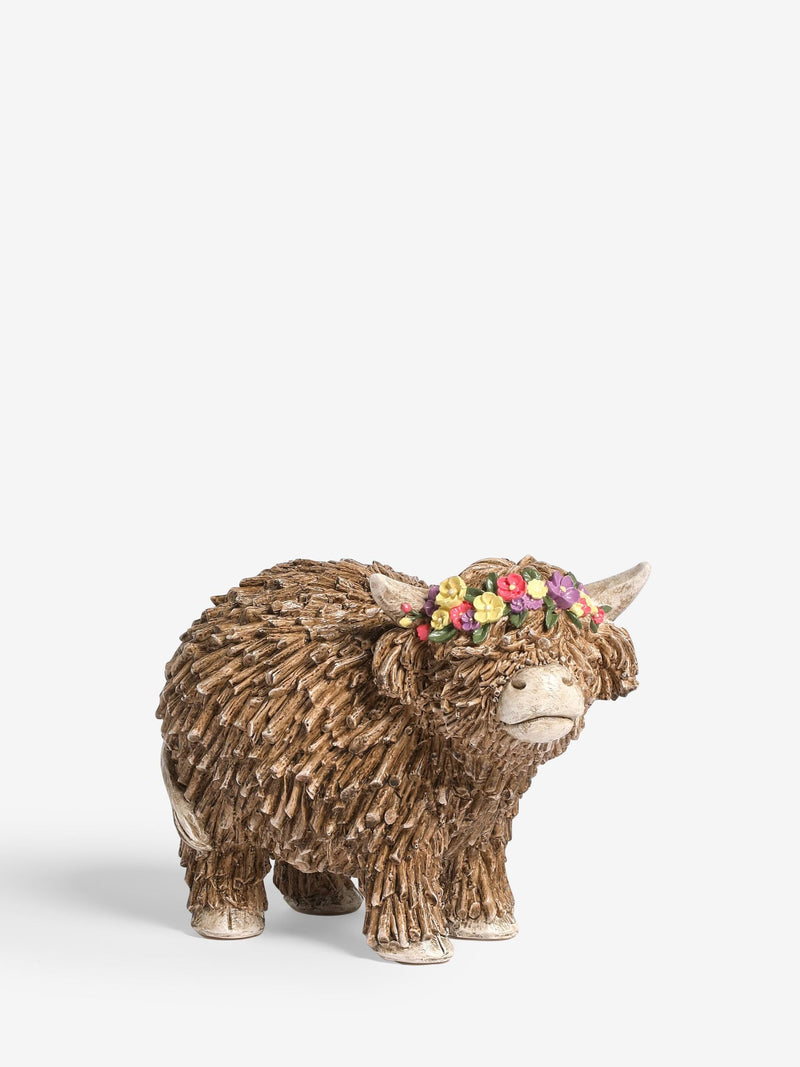 Hamish Highland cow ornament with floral crown medium, imported from the UK