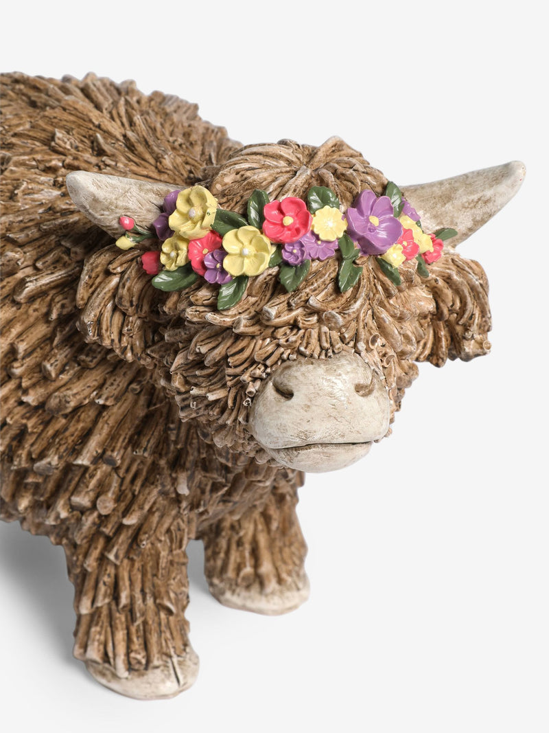 Hamish Highland cow ornament with floral crown medium, imported from the UK