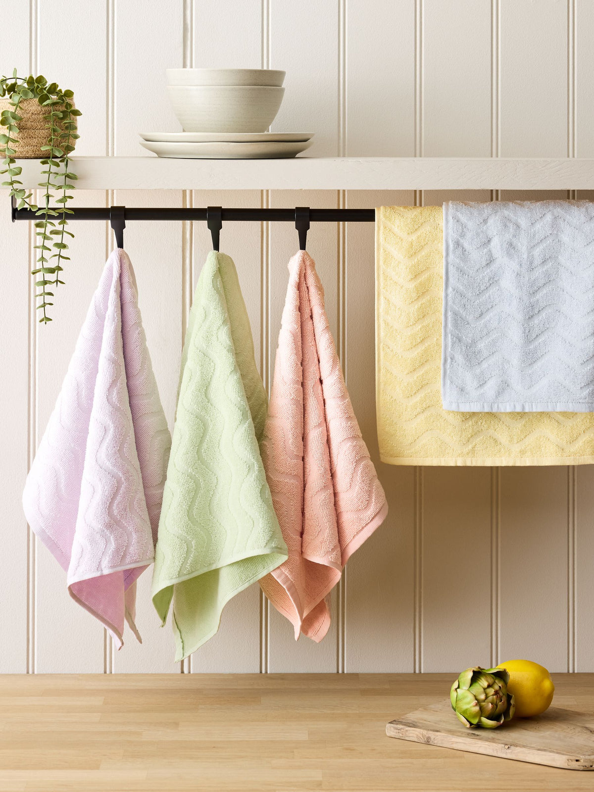 Pastel terry tea towel set of 5, imported from the UK