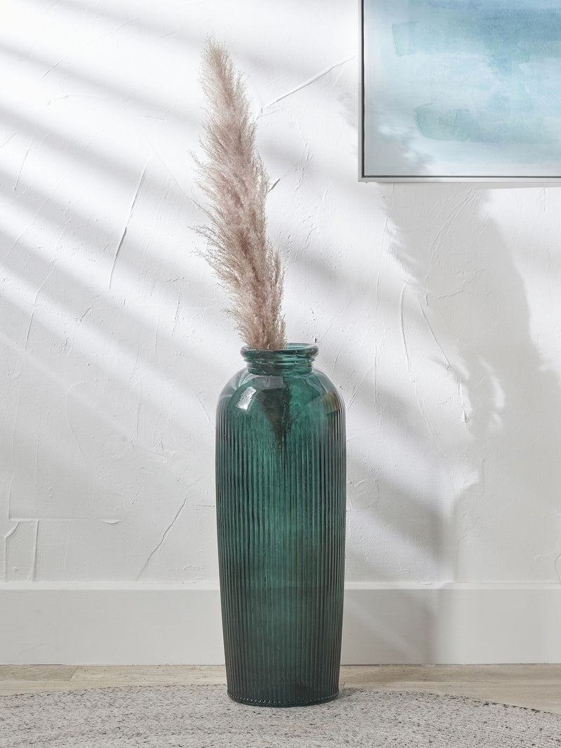 Pacific Teal Glass Ribbed Tall Vase