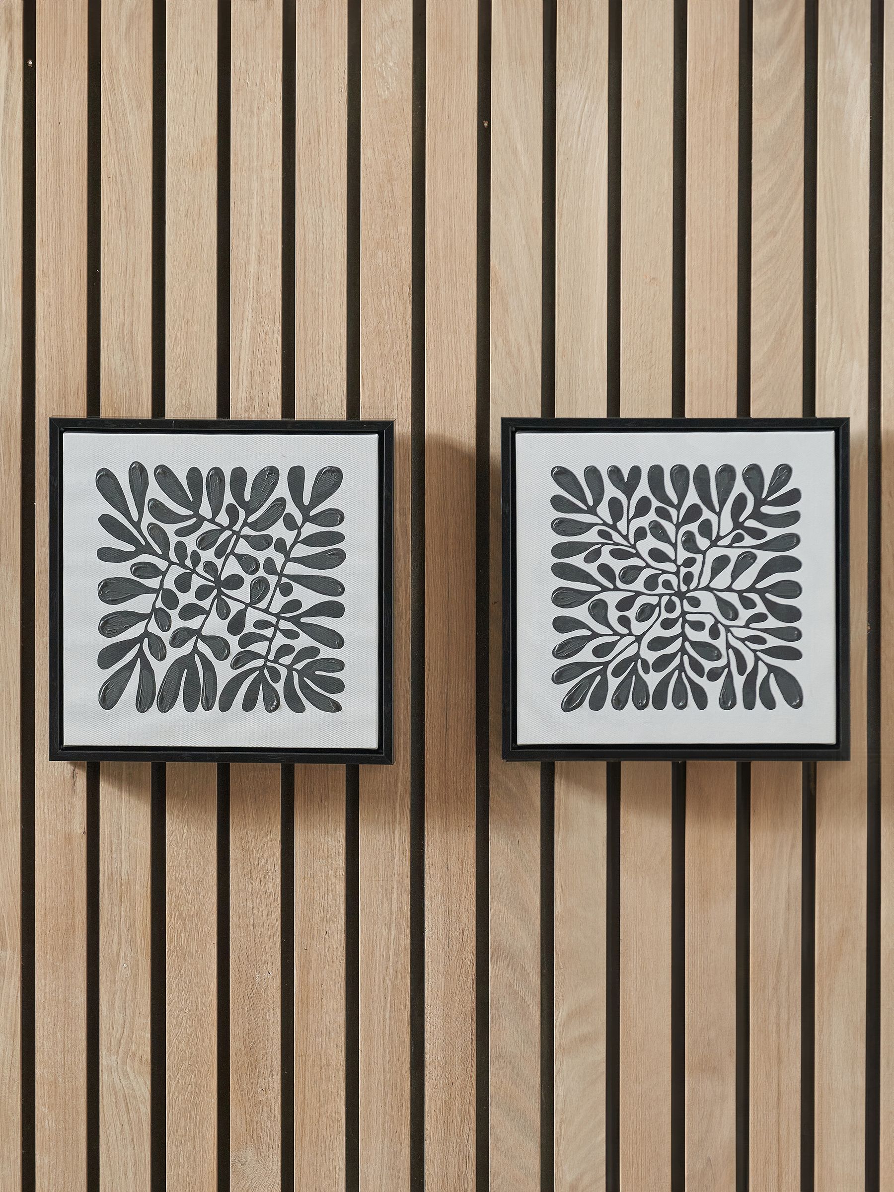Pacific black and white leaf print square canvases with frames set of 2, imported from the UK