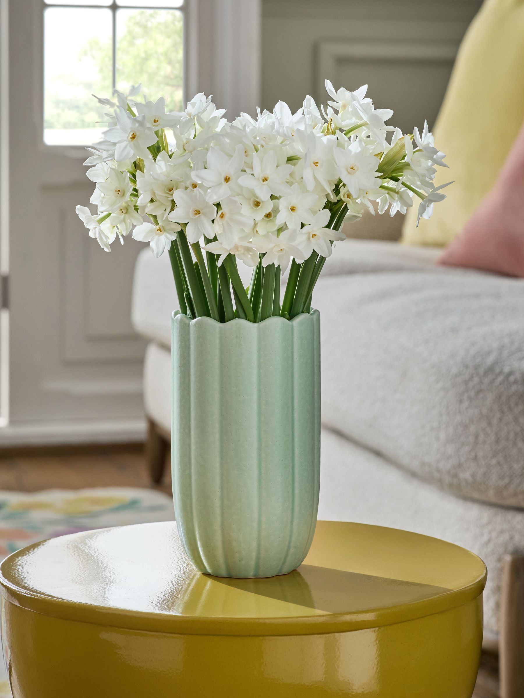 Green ceramic scallop detail vase 16cm high, UK version