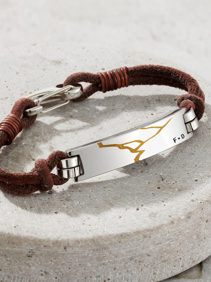 Posh Totty Designs personalised Kintsugi leather cord bracelet in dark brown leather, imported from the UK