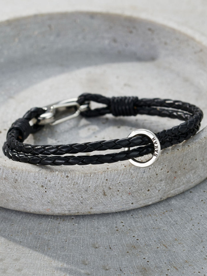 Posh Totty Designs men's personalised leather silver bracelet 21cm, imported from the UK