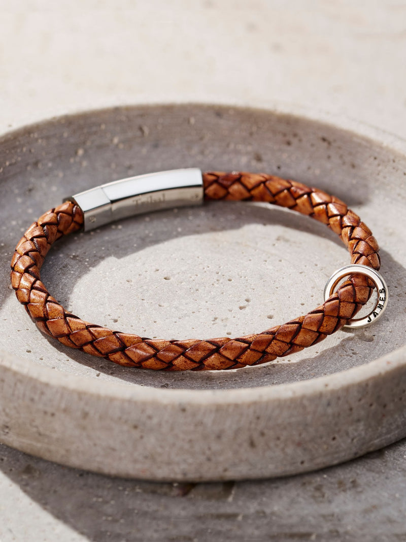 Posh Totty Designs men's gold tone personalised message plaited leather bracelet 21cm length, imported from the UK