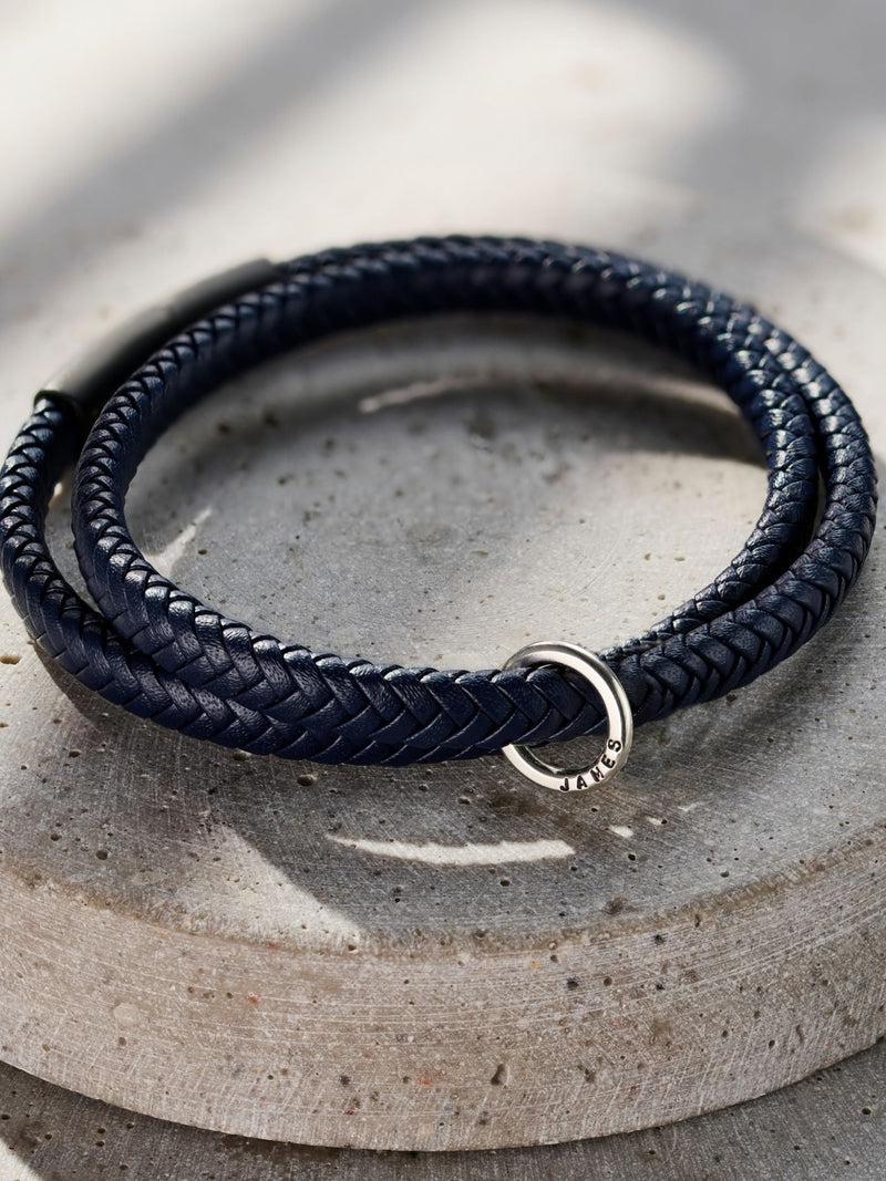 Posh Totty Designs men's personalised leather bracelet with silver tone, imported from the UK